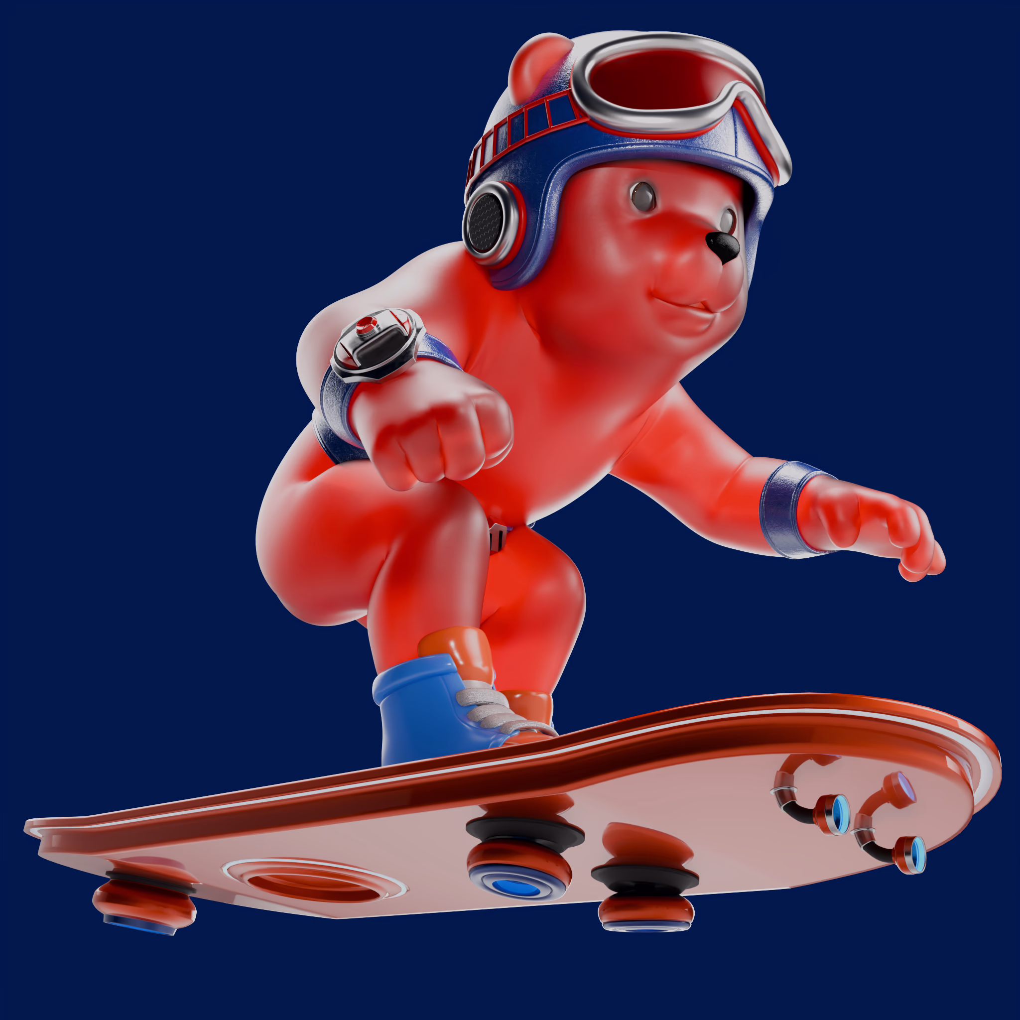CGI Render of Smarty Strawberry Jelimal bear, Surfing on a Hoverboard.