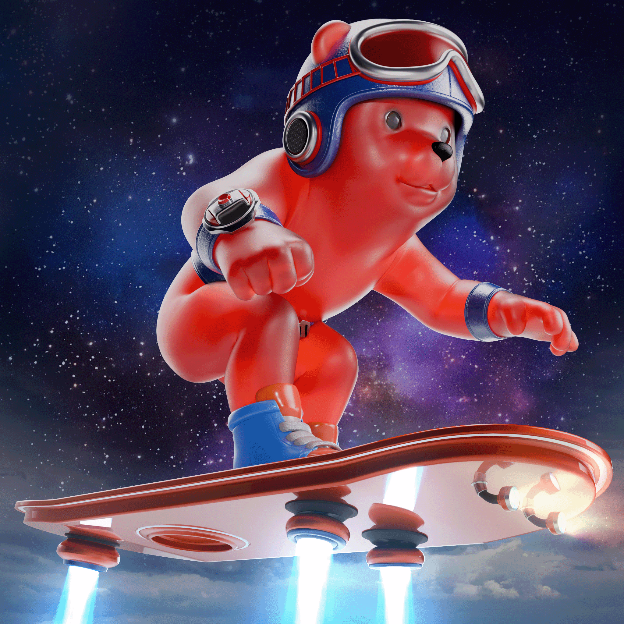 AI Assisted retouch of CGI Render of Smarty Strawberry Jelimal bear, Surfing on a Hoverboard in high Atmosphere with a Cosmic BG